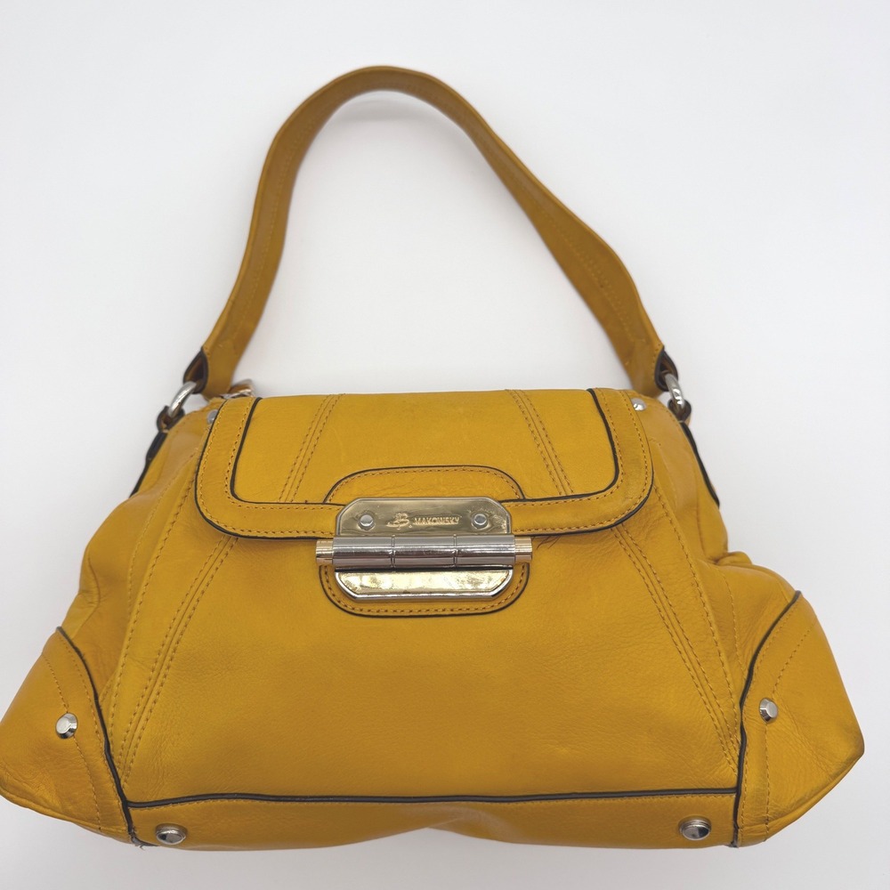 B. Makowsky Yellow Pebbled Leather Shoulder Bag Hinge Lock Hobo Purse - Picture 2 of 10